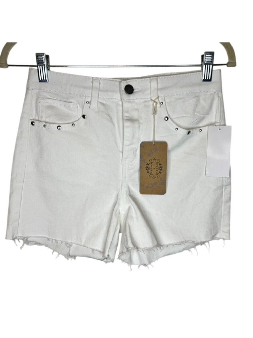 Mason & Belle White Denim Cut-Off Shorts Frayed Hem & Rivet Details 0/25 NWT